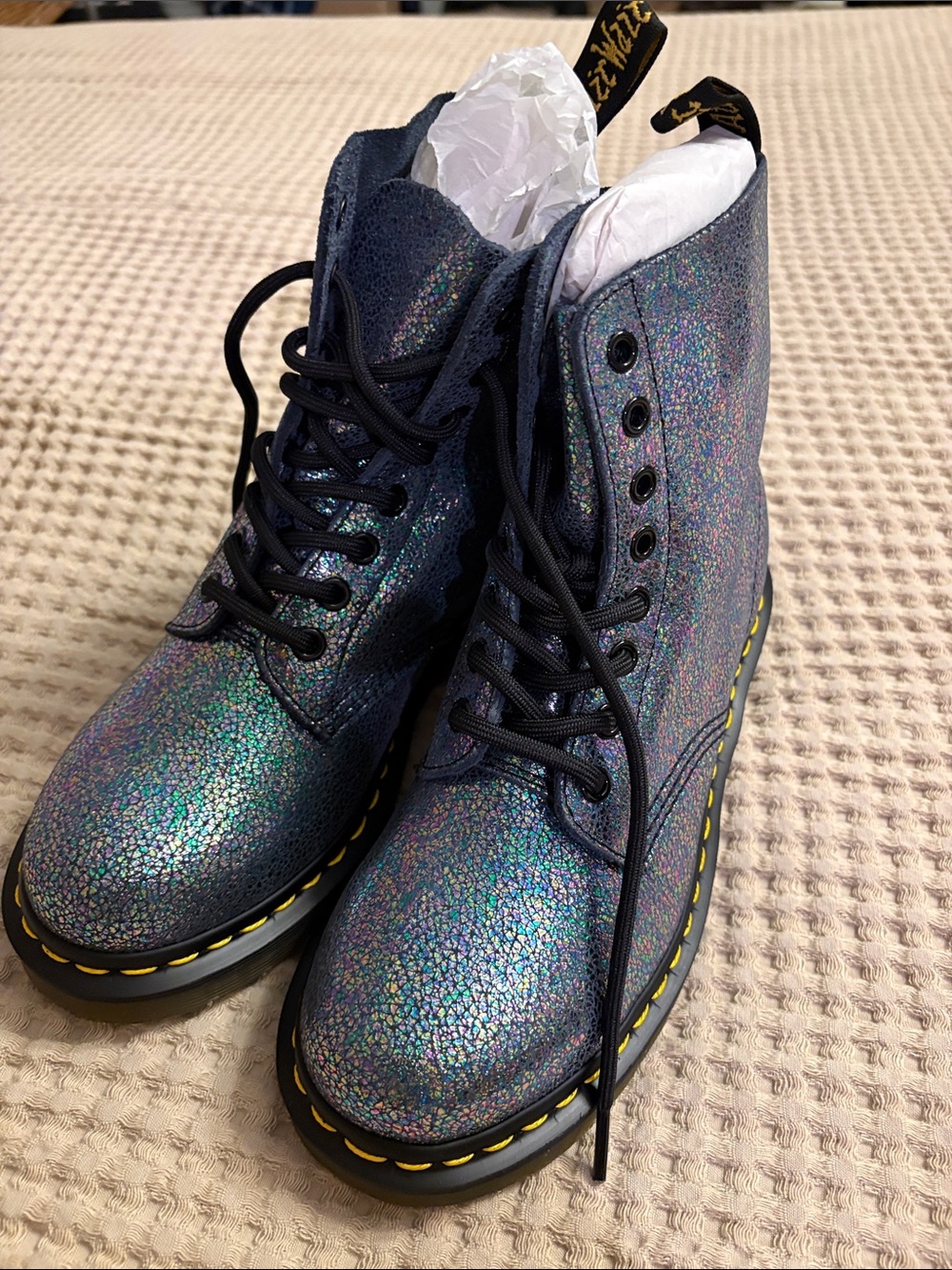 NIB Dr. Martens Iridescent Lace-Up Combat Boots - Black with Multicolor Shine